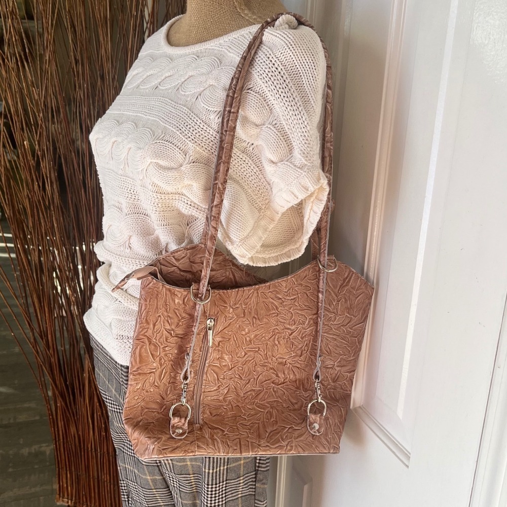 Embossed Leather Tote Bag with Scarf Accent Charm Made in Italy Borse in Pelle - Picture 16 of 16